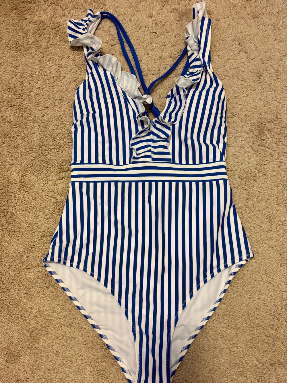 Cupshe women’s Blue and White Striped Ruffle One-Piece Swimsuit